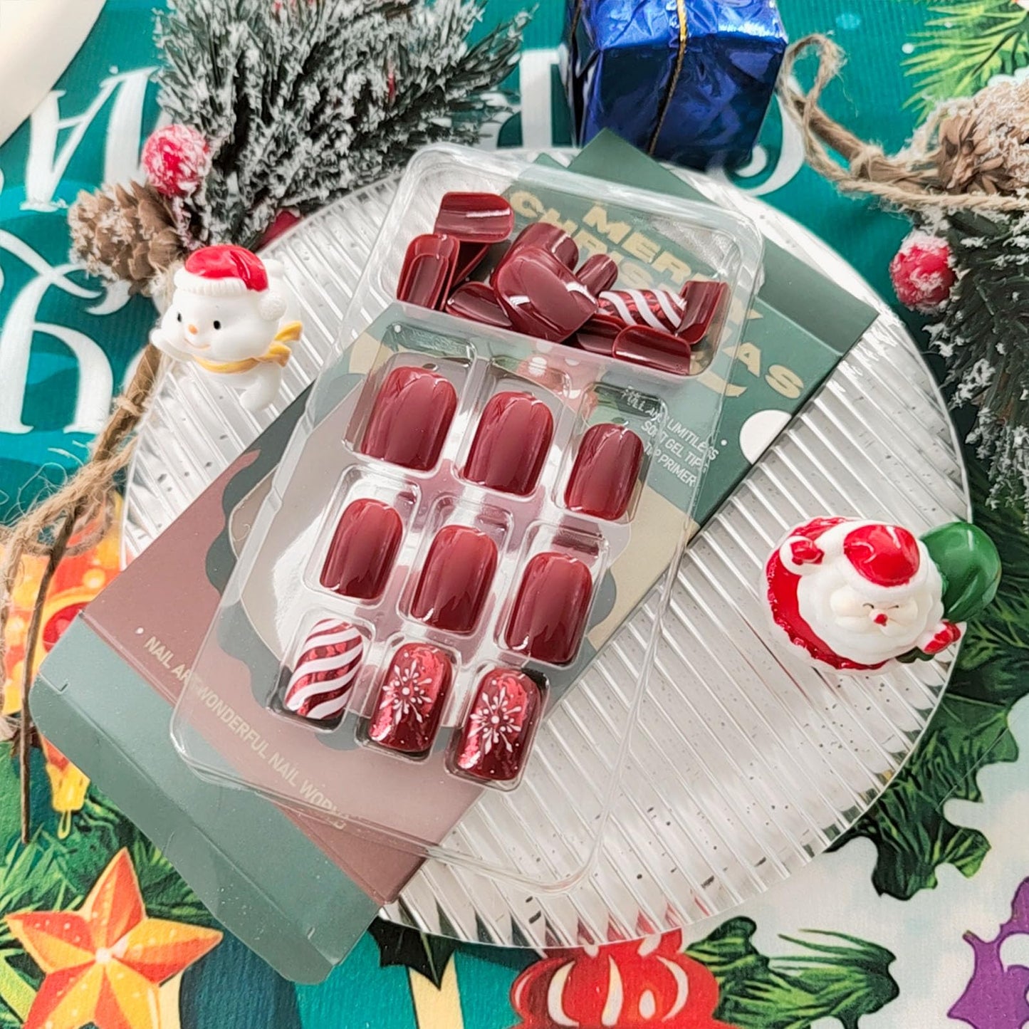 Christmas Red Press on Nails Short Square Fake Nails Winter Xmas Glue on Nails Snowflake Candy Stripes Nails Press ons Glossy Stick on Nails Christmas Acrylic Nails for Women 24 Pcs