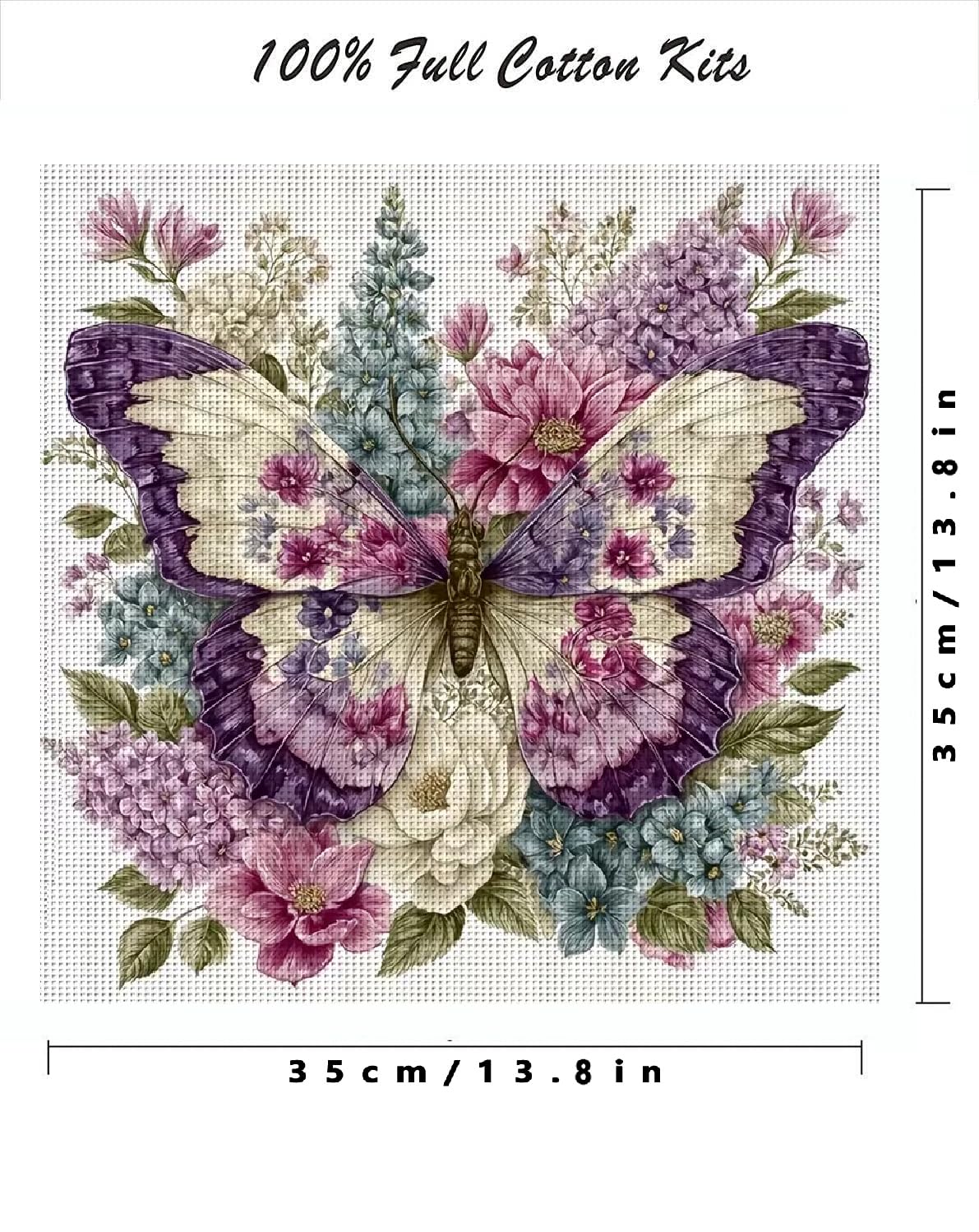 Butterfly Stamped Cross Stitch Kits for Adults, Flowers 11CT Needlepoint Counted Cross Stitch Kits for Beginner, Printed Dimensions Embroidery Kit Art Craft for Home Wall Decor Gift 14x14 Inch