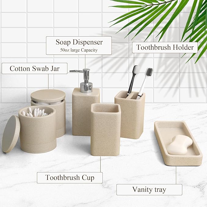 Bathroom Accessories Set, 6 Piece Bathroom Set with Toothbrush Holders, Soap Dispenser, Vanity Tray, Tumbler, Cotton Swab Jars, Bathroom Organizer，Bathroom Sink Sets, Stone Beige