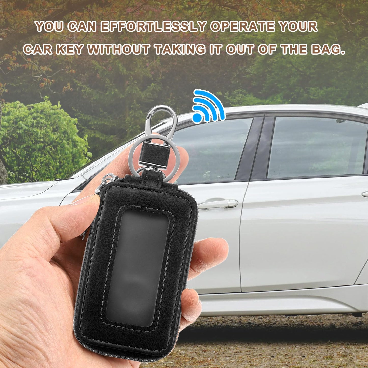 HARFINGTON 2Pcs Double Car Key Fob Case Leather RFID Smart Key Chain Keychain Holder with Metal Hook Keyring Zipper Bag for Remote Key Fob, Black