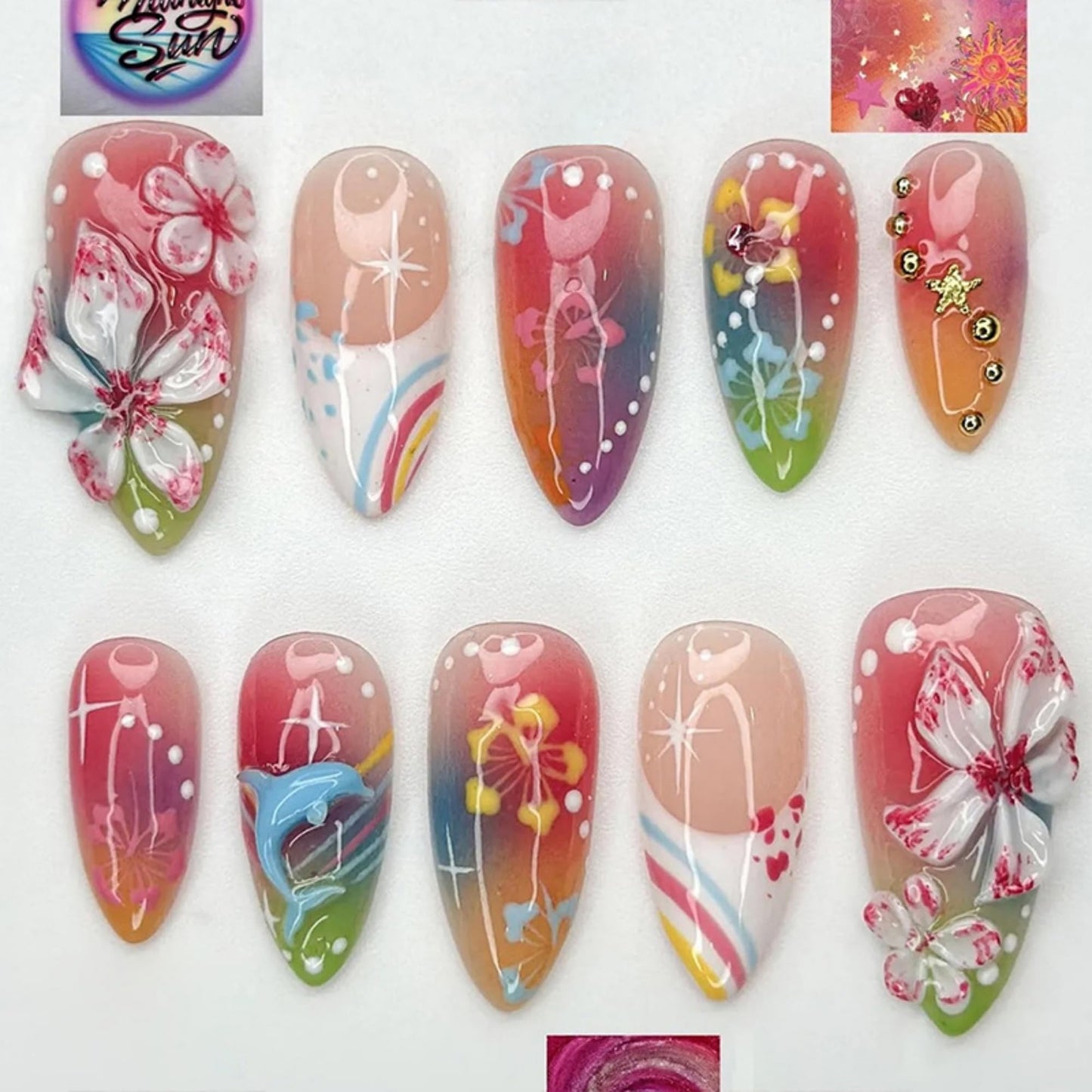 octoswave Long Almond Press on Nails with 3D Flowers, Rainbow & Dolphin Design Vibrant Acrylic Fake Nails for Women, Ideal for Parties, Vacations, Weddings 30Pcs