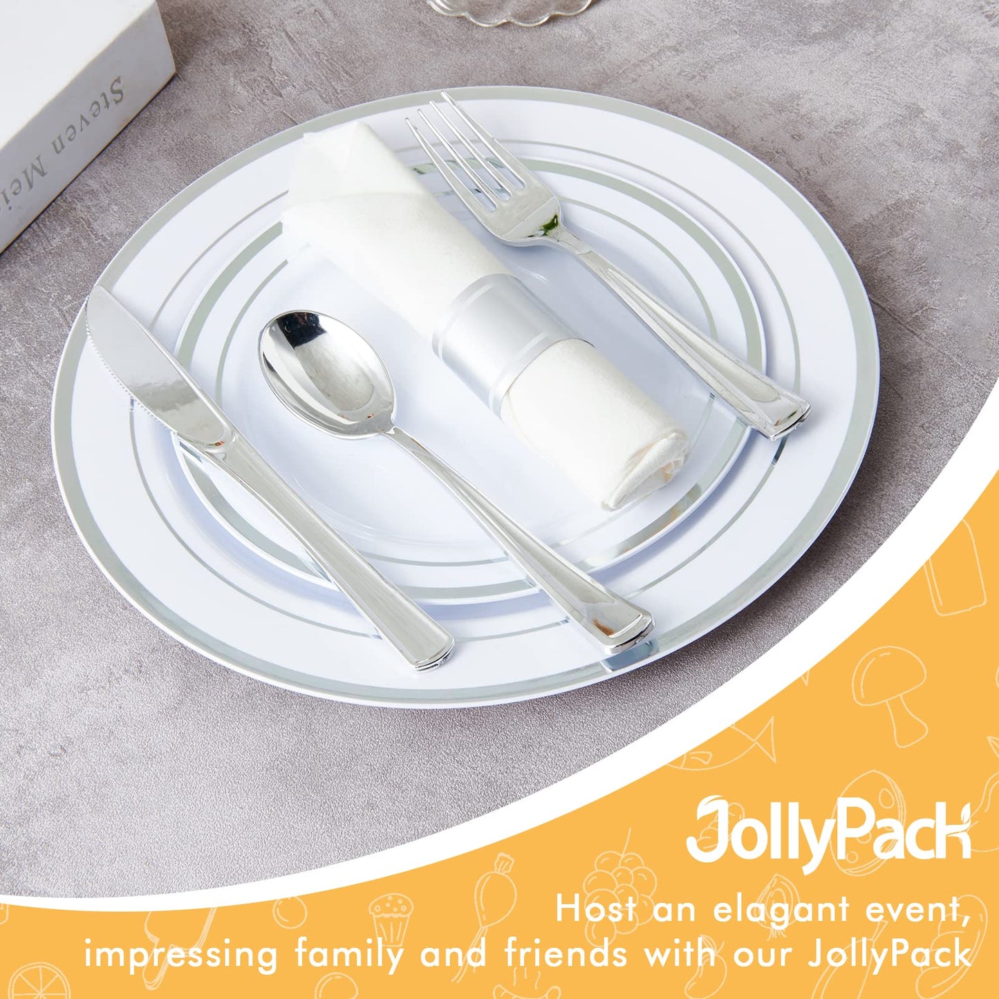 JollyPack 100 Piece Disposable Silver Plastic Party Plates, Including 50 10 Inch Dinner Plates and 50 7 Inch for Dessert, Great for Parties, Weddings, Home Use, and Christmas