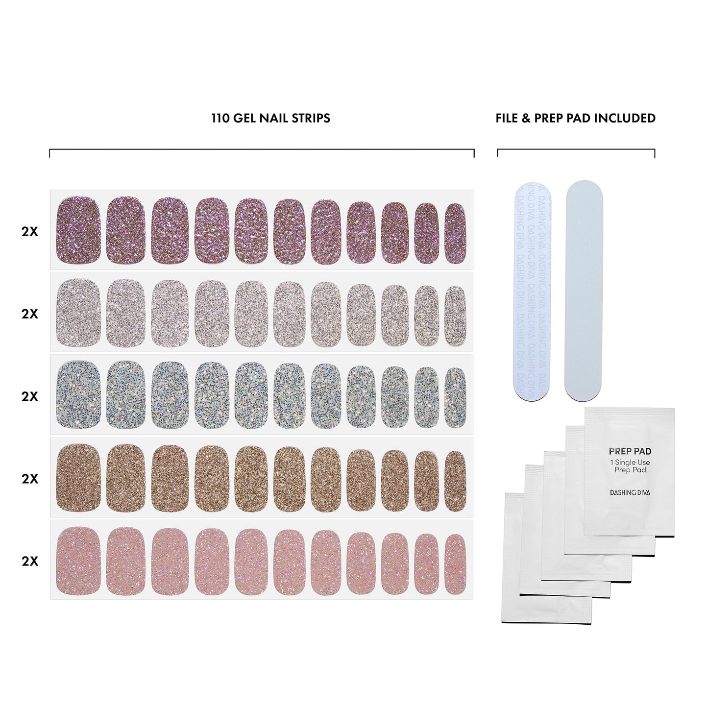 Dashing Diva Gloss Nail Strips 5-in-1 Kit - Best of Sparkles - UV Free, Chip Resistant, Long Lasting Gel Nail Stickers - Contains 110 Wraps, 5 prep Pads, 2 Files