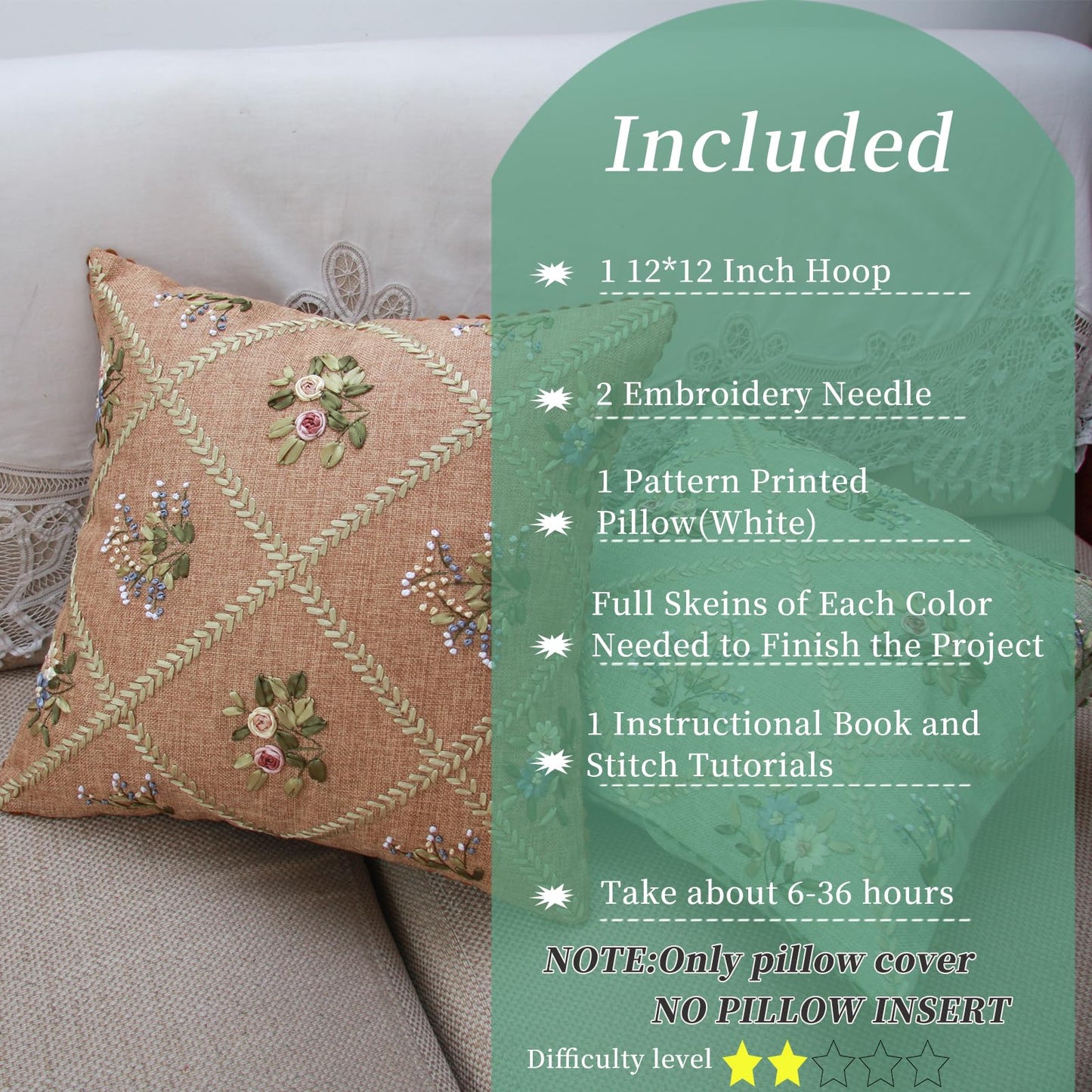 FONNUY Crewel Ribbon Embroidery Kit, Floral Pillow Covers, DIY Pillowcase Kits for Audlt Beginners, 18 x 18'' (Brown)