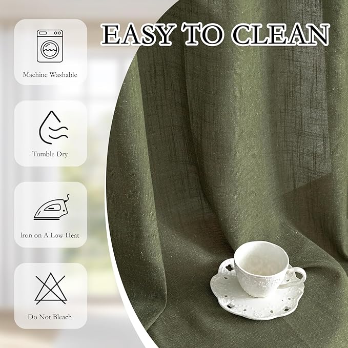 MYSKY HOME Living Room Curtains 90 Inches Long Farmhouse Light Filtering Privacy Curtain Drapes for Patio Door, Linen Look Texture Fabric Bohemian Draperies Soft Touch, 50x90, Olive Green, 2 Pieces