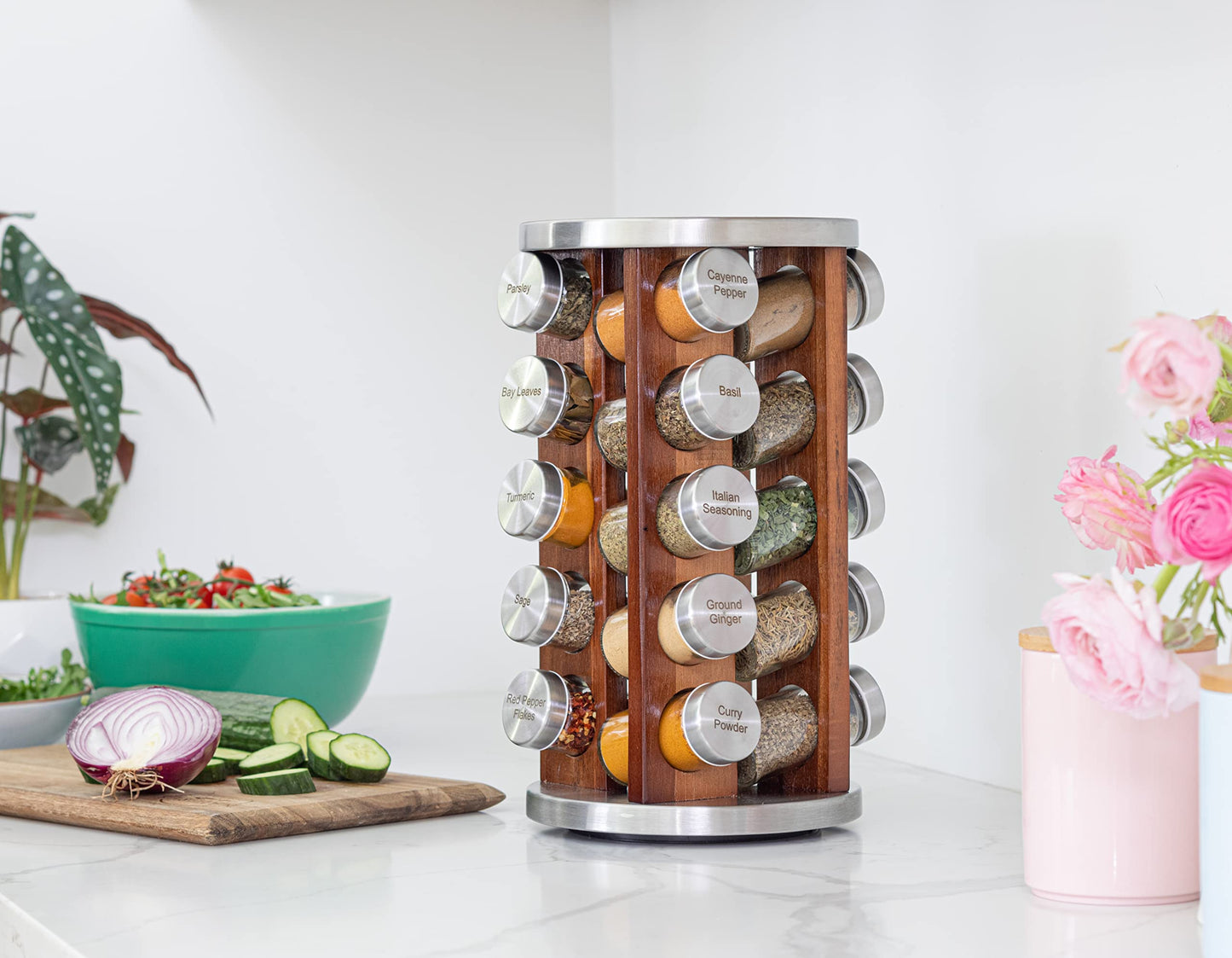 Orii 20 Jar Rotating Dark Acacia Wood Spice Rack with Spices Included & 5-Year Spice Refill Program – Rustic Wood Countertop Spice Rack with Glass Jars