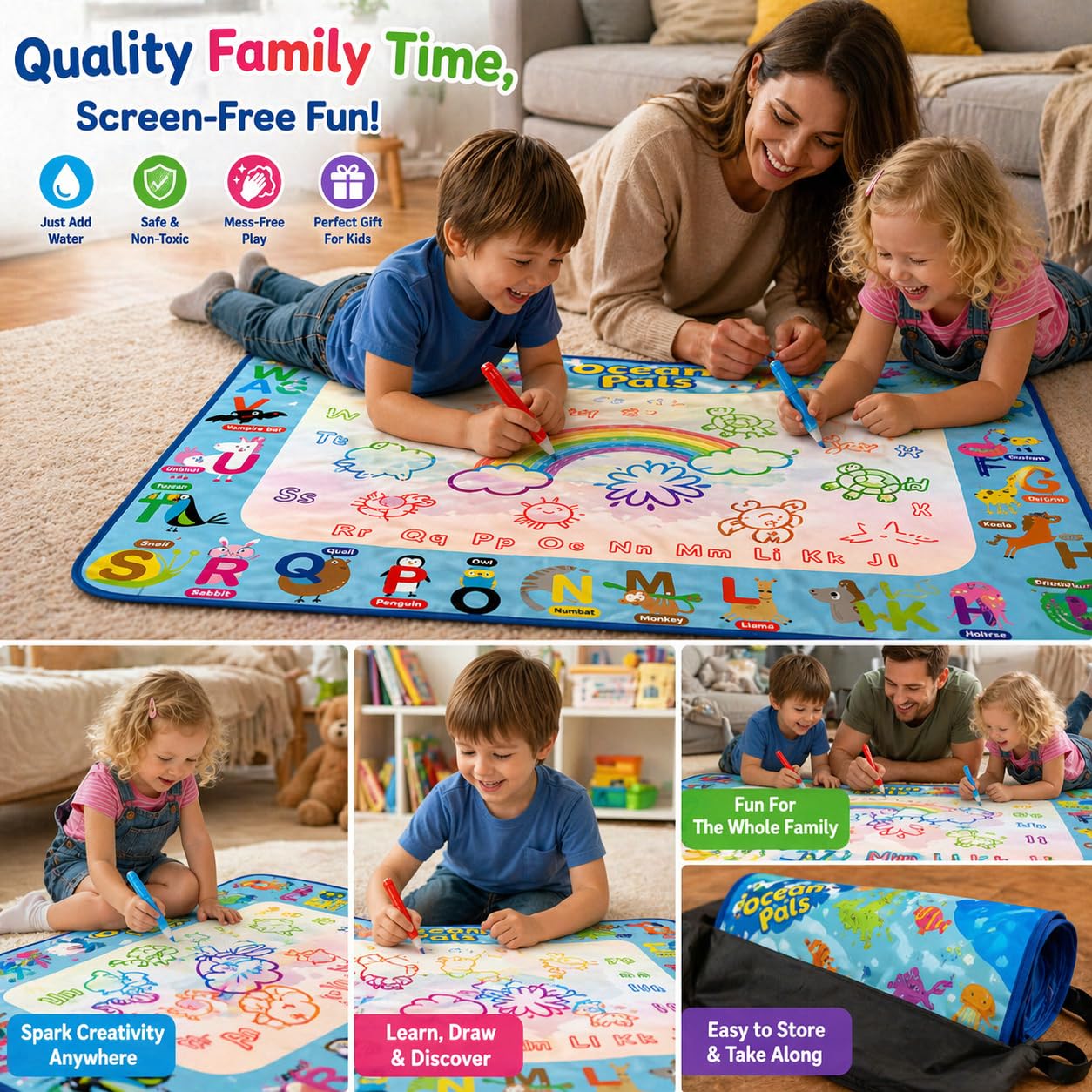 ANIMOLDS Water Doodle Mat for Kids, Large 40 x 32 Aqua Magic Reusable Drawing Mat, Mess Free Coloring & Writing Toy, Educational Gift for Toddlers Boys Girls
