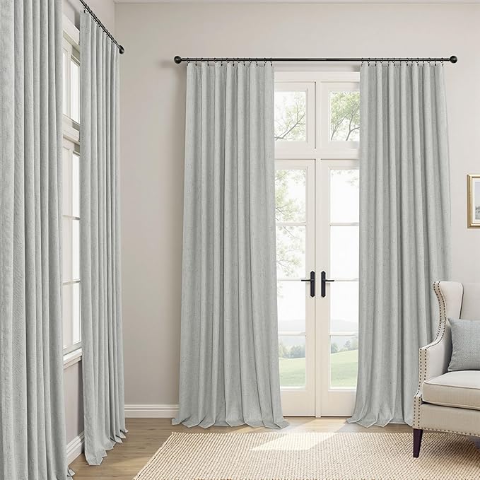 Gray Room Darkening Curtains 96 Inches Long for Living Room 2 Panels Faux Linen Back Tab Pleated Puddle Length Thermal Insulated Medium Gray Light Weight Blackout Curtains for Bedroom 8ft Light Grey