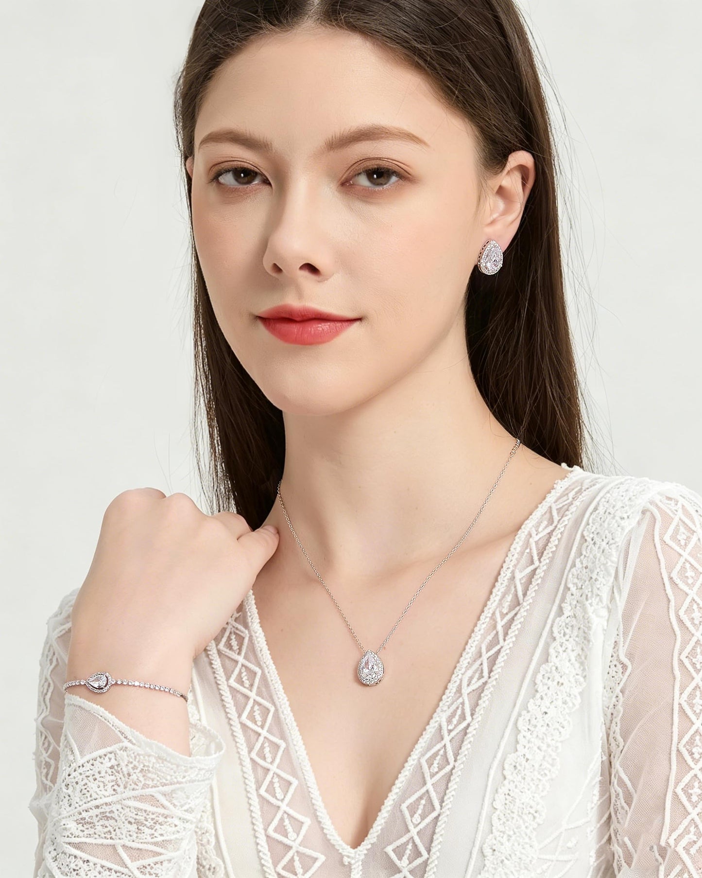UDYLGOON Teardrop CZ Bridal Jewelry Set Imitation Diamond Earrings Necklace Bracelet for Bride Bridesmaids Wedding Prom Party (Drop-Clear)