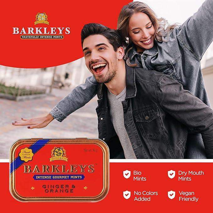 Barkleys Gourmet Ginger & Orange Breath Mints - Strong Ginger & Orange Flavor for Party, After Dinner, Wedding, Every Day Use-Vegan Mints In Reusable Classic Travel Tins, 1 Pack - 50 Count Each
