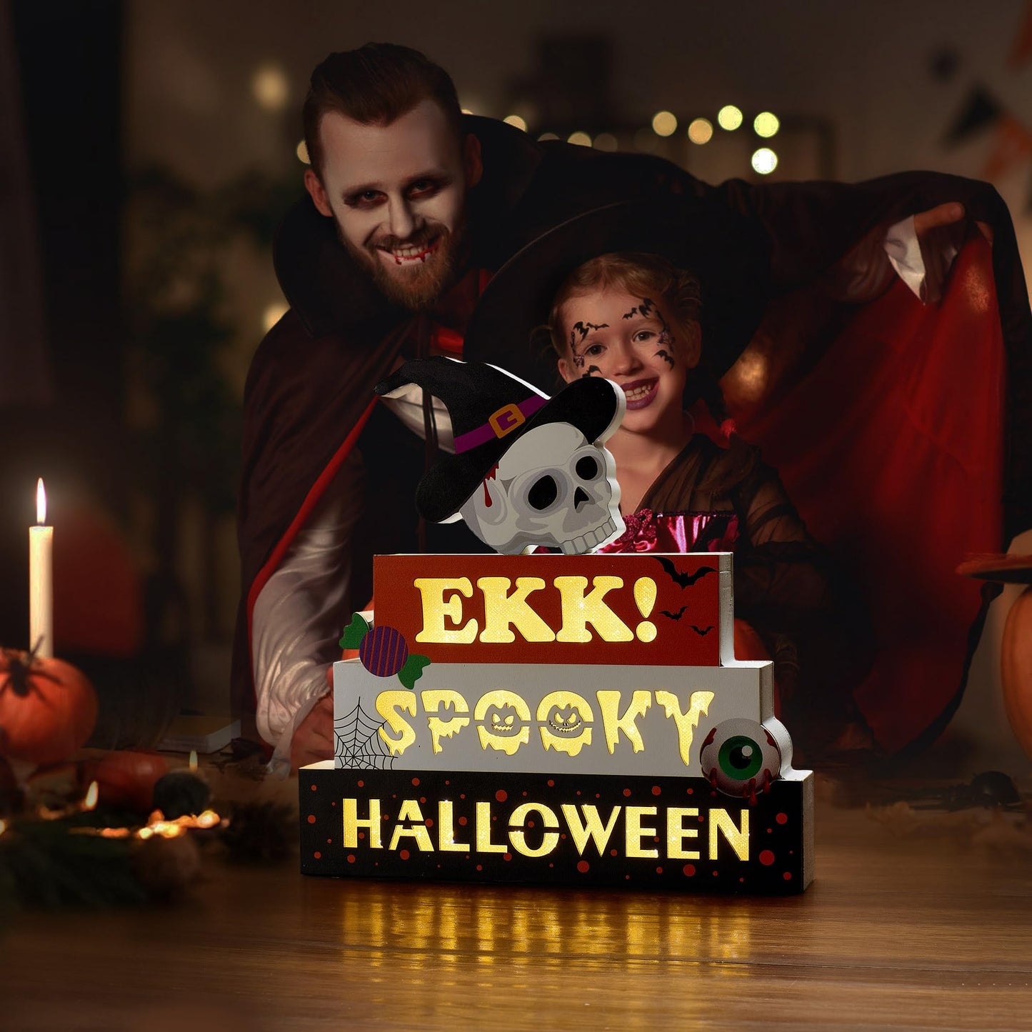 BlcTec Halloween Decorations Indoor 9.4" 4-Tier Wooden Block Set with Glowing 3D Letters, Skull Topper, Battery Operated Spooky Halloween Décor Built-in Timer for Home, Mantle, Shelf, Table Decor