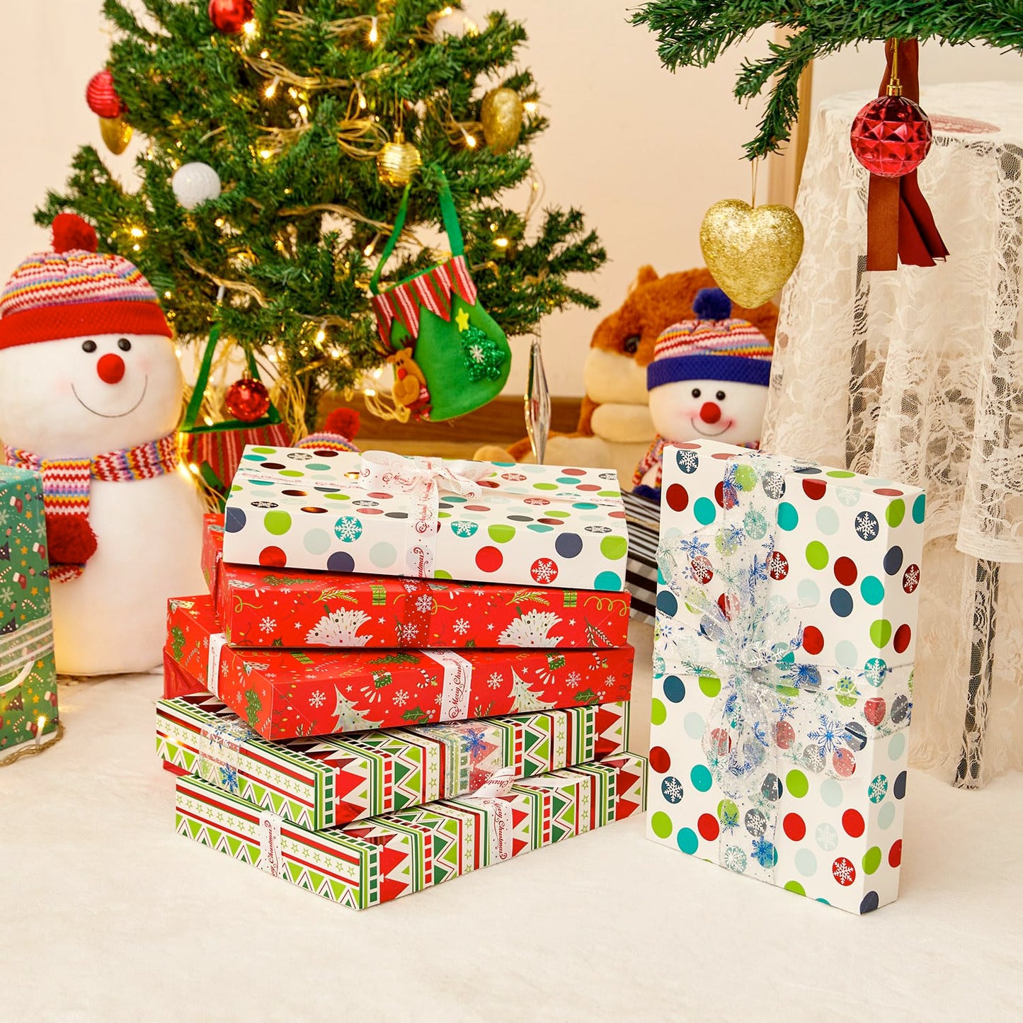 SUNCOLOR Christmas Gift Boxes with Lids For Clothes Presents, 14x9.5x2 Inch, Cardboard, 4 Festive Designs, 12 Pack