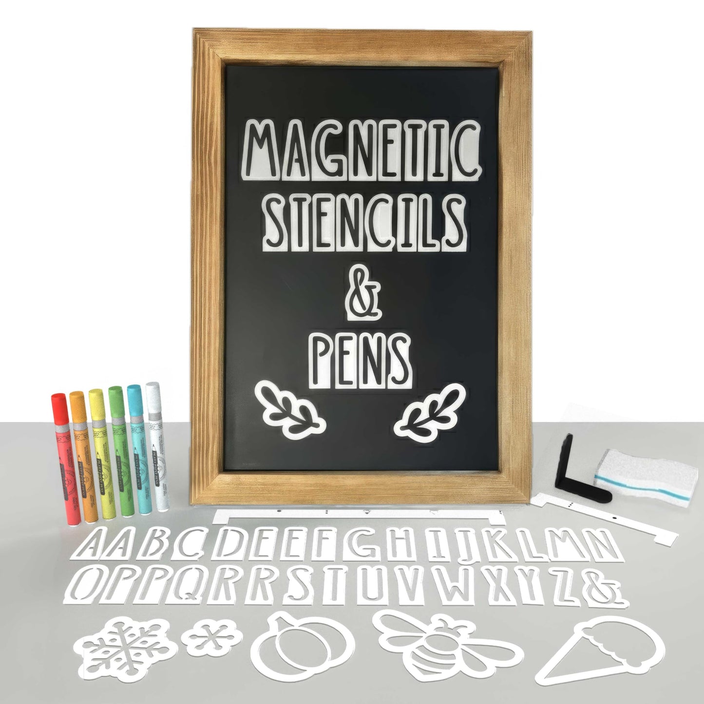 Magnetic Chalkboard Sign Kit - 12x17 Framed Hanging or Tabletop Chalk Board with Easel Stand, Acrylic Markers, Design & Letter Stencils for Chalkboard Art, Kitchen Countertop Menu (Rustic Wood)