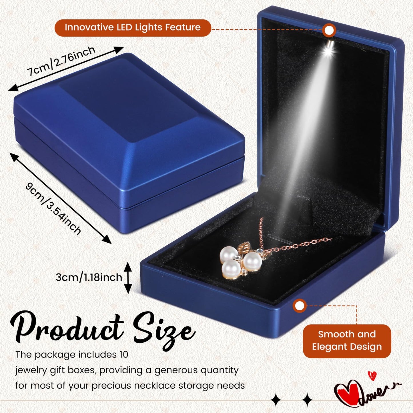 Landical 10 Pcs Pendant Necklace Box with LED Light Velvet Necklace Case for Pendant Bracelet Ring Earring, Jewelry Storage(Blue)