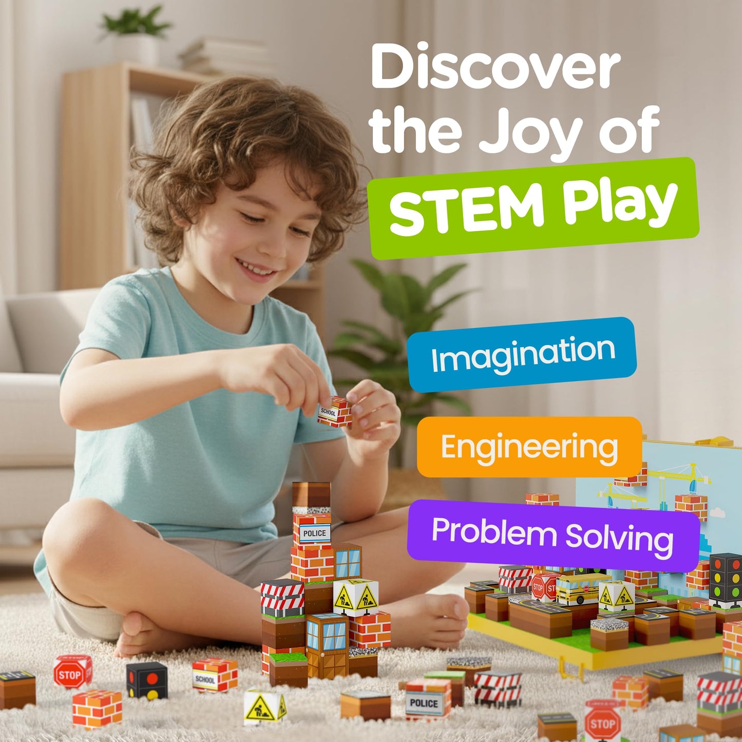 Gift-Ready Magnetic Building Blocks for Kids, Magnet Cubes — Construction Site Toy Building Sets with Magnetic Storage Board — 84-Piece Pixy Stacking STEM Building Toys for Boys & Girls Ages 3 to 12
