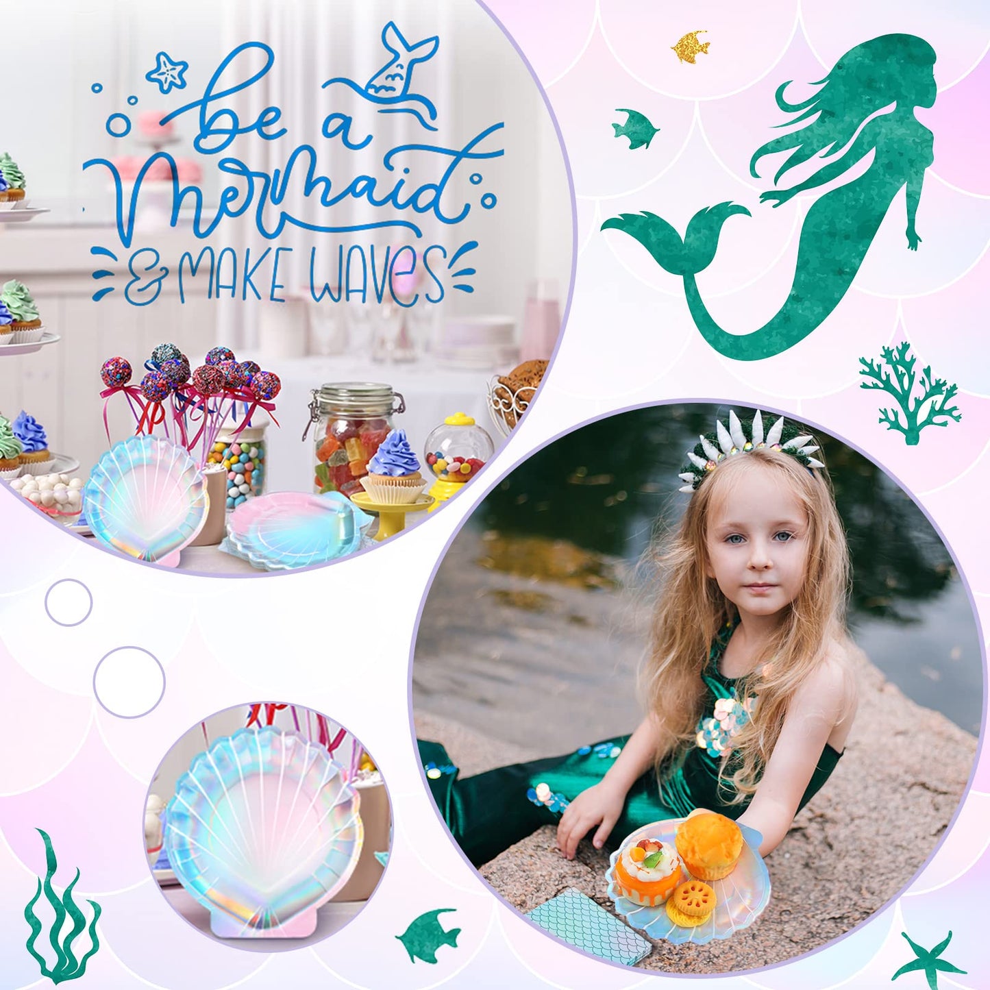 Gersoniel 40 Pcs Iridescent Mermaid Party Supplies Set, 20 Clam Shell Plates and 20 Scales Napkins Mermaid Party Decorations Disposable Paper Plates and Napkins Seashell for Birthday (Shell)