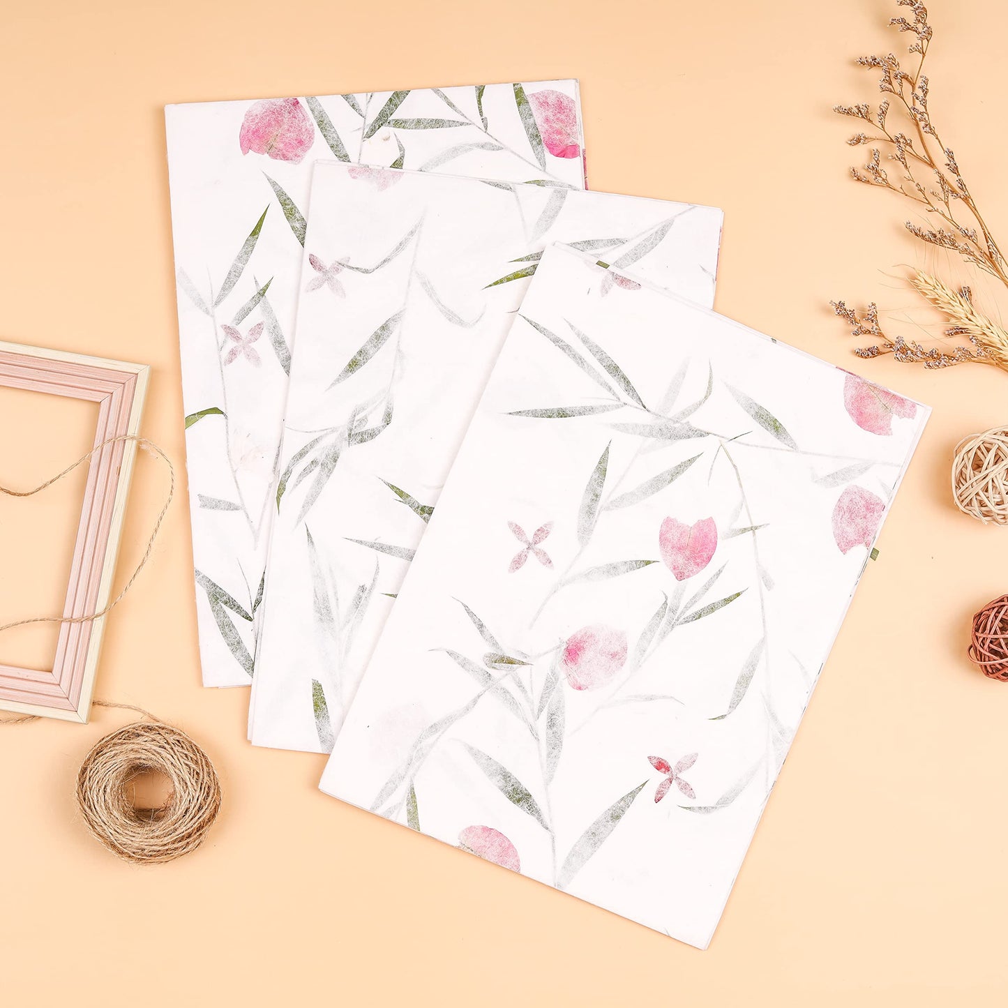 Handmade A4 Thick Mulberry Paper Sheets, Painting, Writing, Decorative Paper, Card Making Paper DIY Craft, 20pcs (Bougainvillea Flowers/Grass, A4)