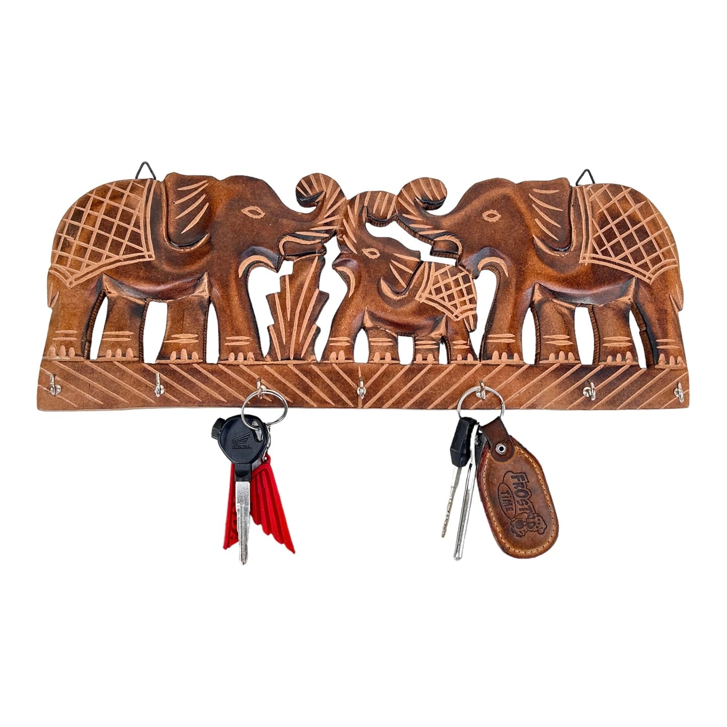 EARTHLY HOME Wooden Key Holder - Decorative Wall Mounted Elephant Key Organiser with 7 Hook - Key Rack for Kitchen, Ofiice and Entryway Decor (15"x 5"x0.5 Inch- Brown)