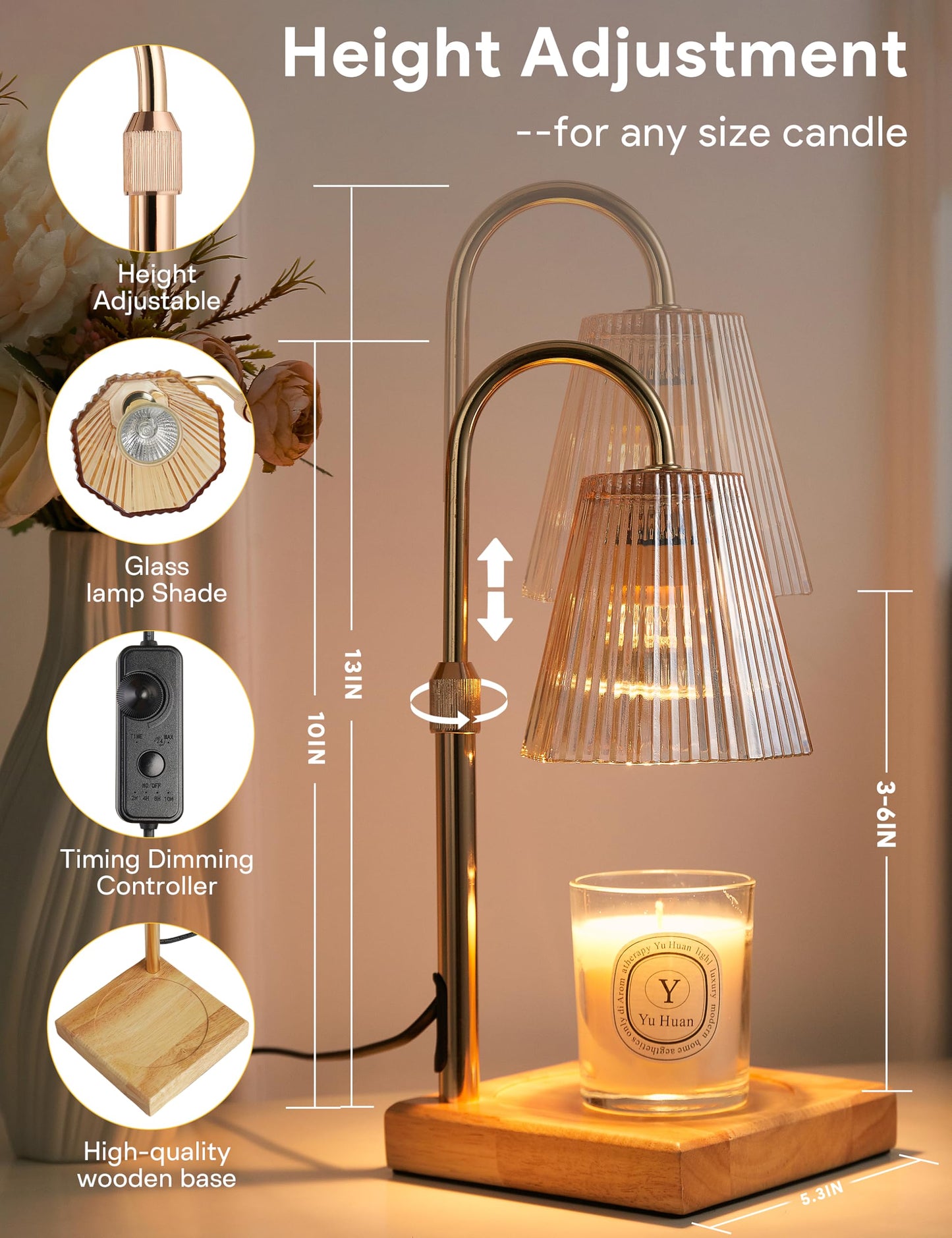 Allanmen Candle Warmer Lamp with Timer, Dimmable Candle Warmer for Home Decor, Birthday Gifts for Women Mom, Adjustable Height Wax Melt Warmer with 2 Bulbs