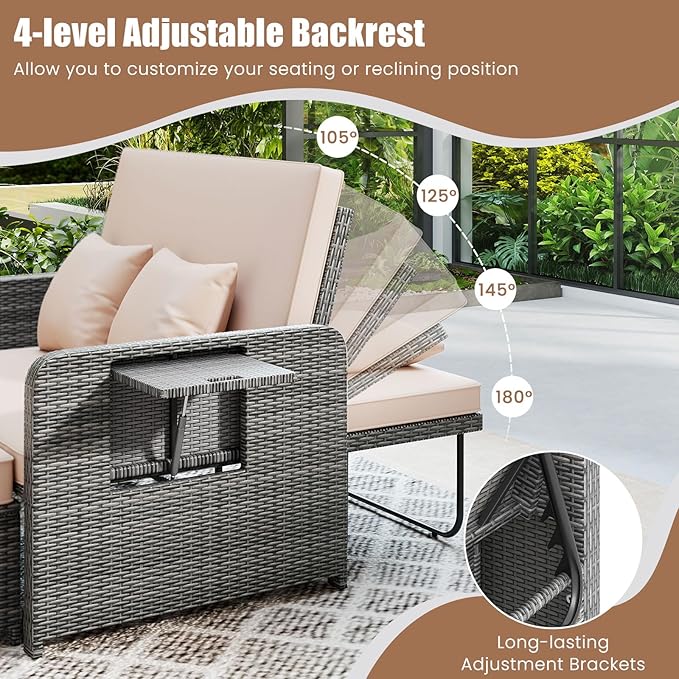 LDAILY Moccha Outdoor Daybed, Wicker Loveseat Sofa Set with 4-Postion Adjustable Backrest, Storage Ottoman, Cushions, Rattan Double Bed Lounger, Patio Furniture Set (Mixed Gray+Beige)