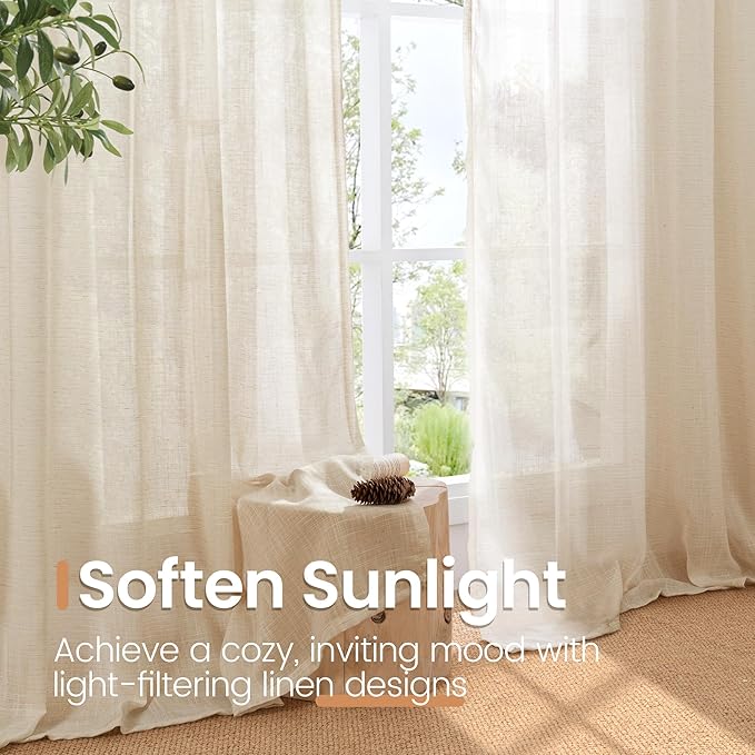 BGment Linen Natural Curtains 40 Inch Length for Short Window - Rod Pocket Small Drapes Light Filtering for Cafe Bedroom Semi Sheer Lightweight Burlap Rustic, 2 Panels Set, 30 X 40 Inch