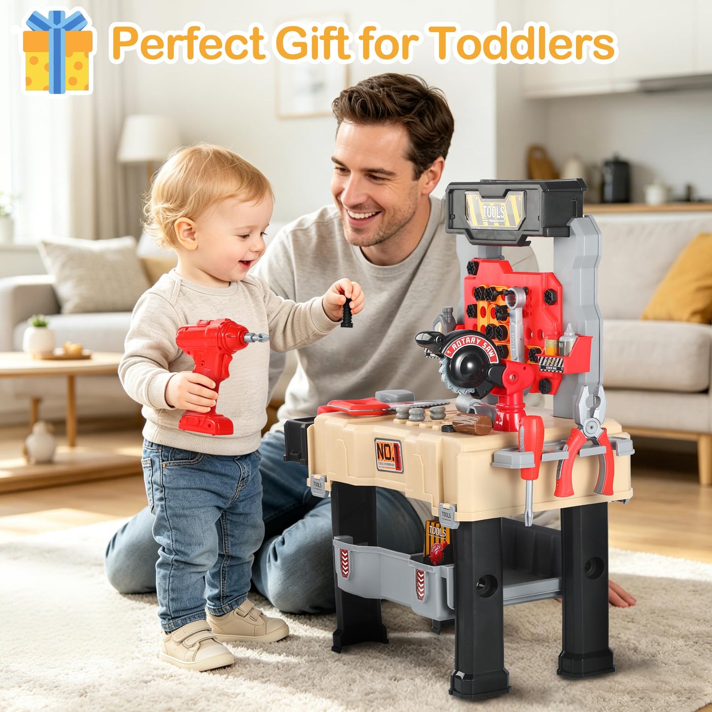 Kids Tool Bench - Power Tools Workshop-Kids Workbench, 65 Pcs Realistic Toy Tools with Electronic Toy Drill, Gift for Boys & Girls Age 3-5, Khaki