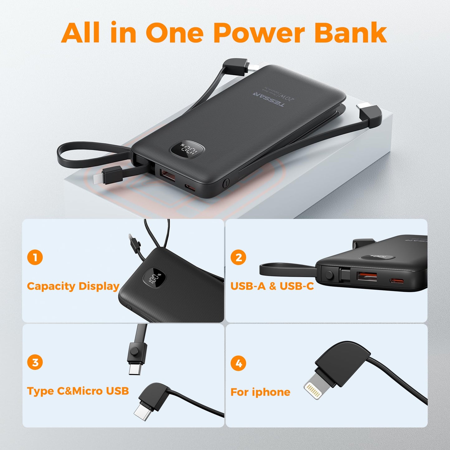 TESSAN Portable Charger with Built in Cables, 10000mAh Power Bank Fast Charging with Foldable AC Plug, PD20W Compact Battery Pack Travel Essentials for iPhone 17/16/15 Series, Samsung, Tablets, Black