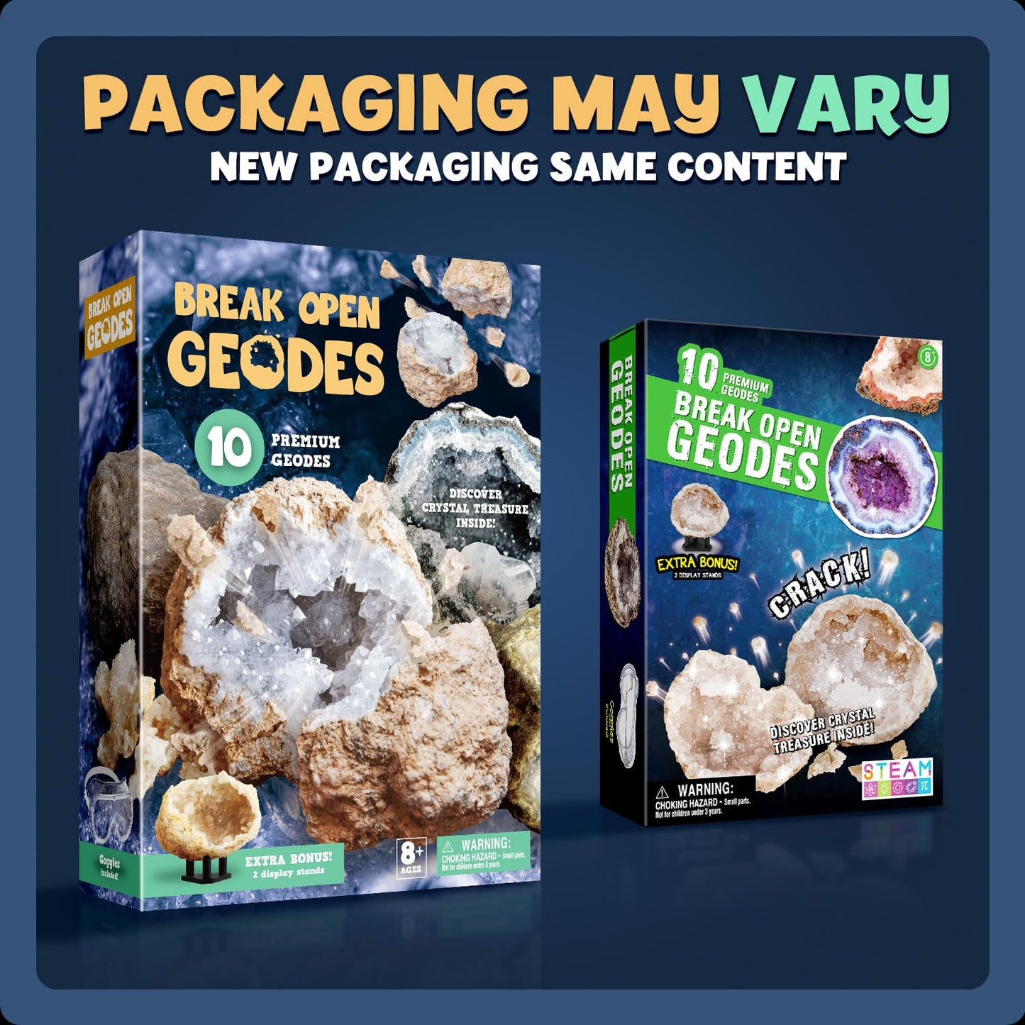 Break Open 10 Premium Geodes with Crystals – Great STEM Science Gift for Mineralogy & Geology Enthusiasts of Boys and Girls for Any Age - Includes Goggles, Learning Guide & 2 Display Stands
