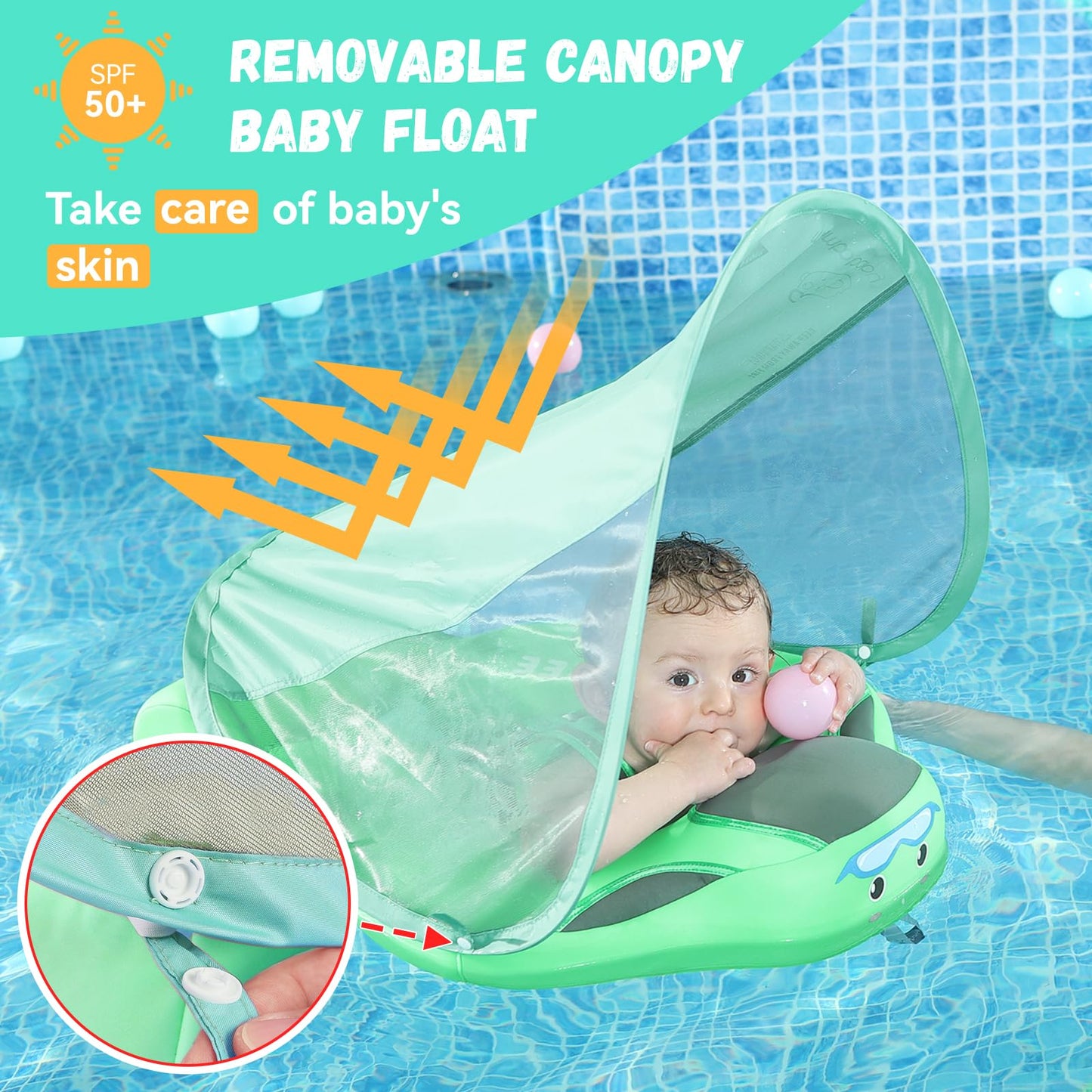 GENTEACO Mambobaby Baby Pool Float with Removable Canopy 3-24 Months Baby Float Non-Inflatable Infant Swim Float Add Tail Avoid Flip Skin-Friendly Material Swim Trainer for Toddler Boys Girls (Green)