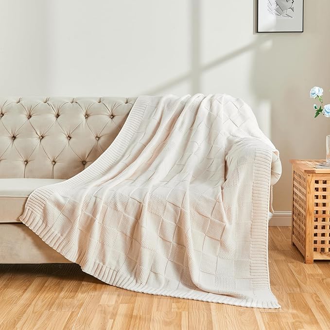 CozeCube Check Knit Throw Blanket, Cream White Checkered Throw for Couch, Decorative Christmas Soft Cozy Warm Knitted Blanket for Bed Sofa Living Room, 50"X60"