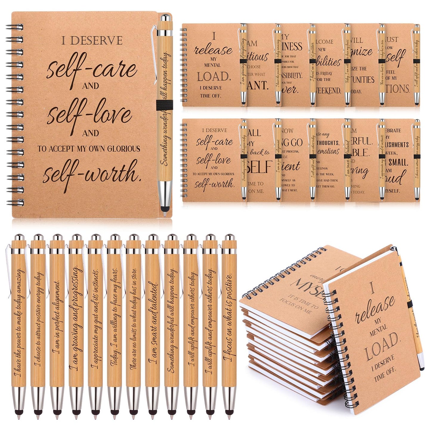 Pasimy 24 Pcs/12 Set Bulk Positive Affirmation Spiral Notebooks with Bamboo Pen Daily Affirmation Gift Set Motivational Encouragement Notepad Small Journals 5.5 x 3.9 Inch for Women Self Care