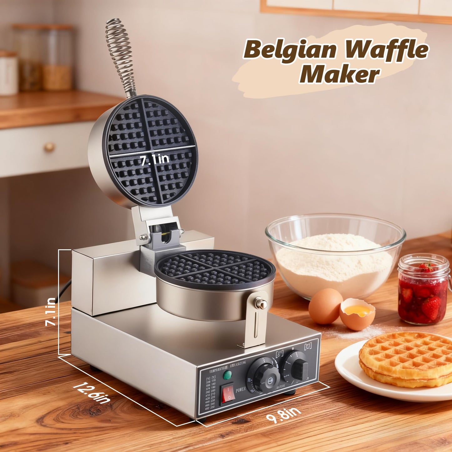 YODHOSA Commercial Waffle Maker, 1200W Waffle Iron, Professional Rotatable Waffle Baker Machine with Temp and Time Control, Non-Stick Baking Pan Stainless Steel for Restaurant Bakeries Kitchen Home