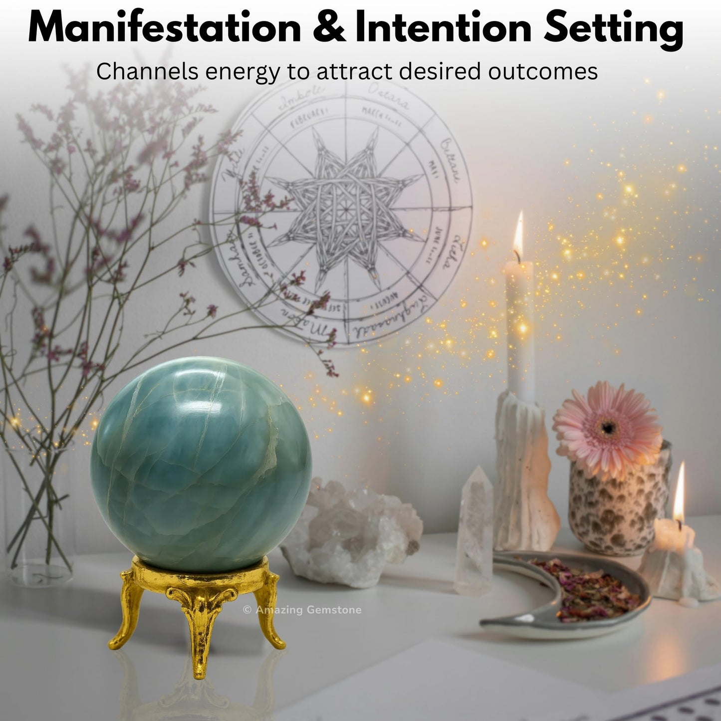 Aquamarine Crystal Ball with Stand - 2" Inches Crystal Sphere Meditation Balls for Witchcraft and Decorative Balls