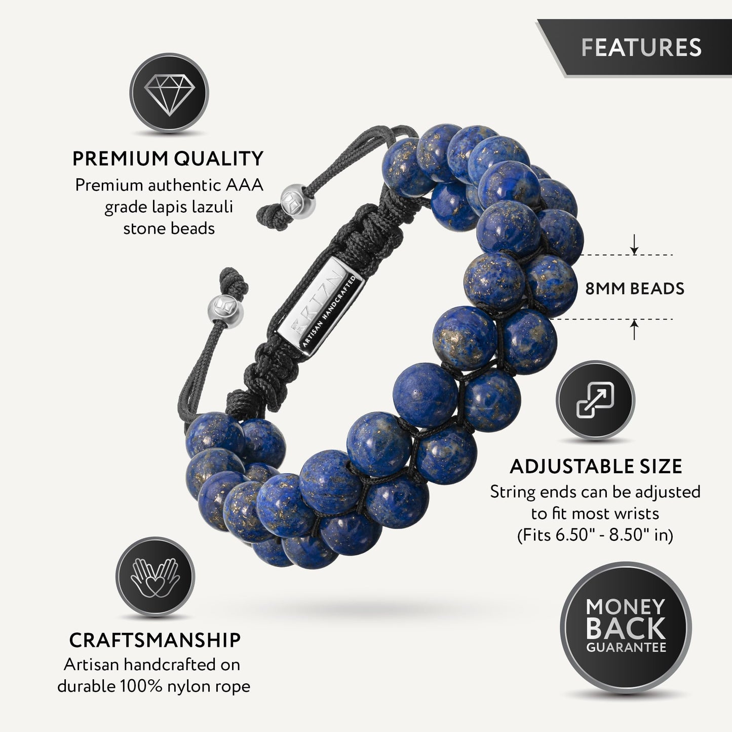 RTZN® Lapis Lazuli Bracelet for Men – Premium Artisan Handcrafted Authentic Blue Lapis Lazuli Mala Bead Bracelet – Adjustable Beaded Bracelets for Men (Morocco)