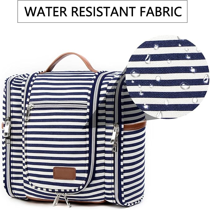 Pearl Angeli Hanging Toiletry Bag for Women, Large Makeup Cosmetic Bag, Water Resistant Toiletries Travel Essentials Organizer, Full-size Container, Navy-striped
