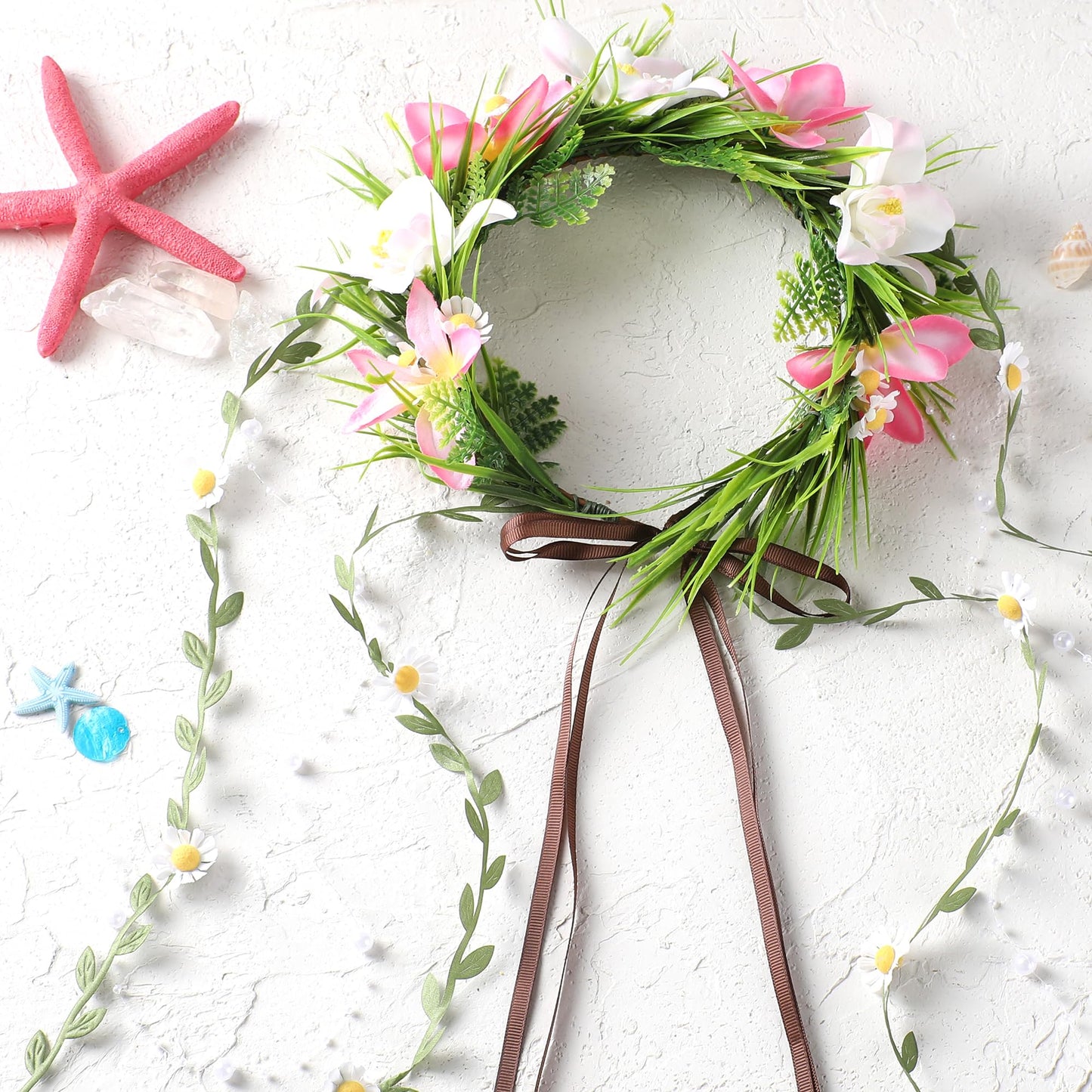 KorViSHOW Hawaiian Flower Crown Headbands, Pink Tropical Floral Headpiec, Artificial Hawaii Orchid Floral Headband with Daisy Vine for Women Summer Beach Hula Dress Up Accessory Party Favor Supplies