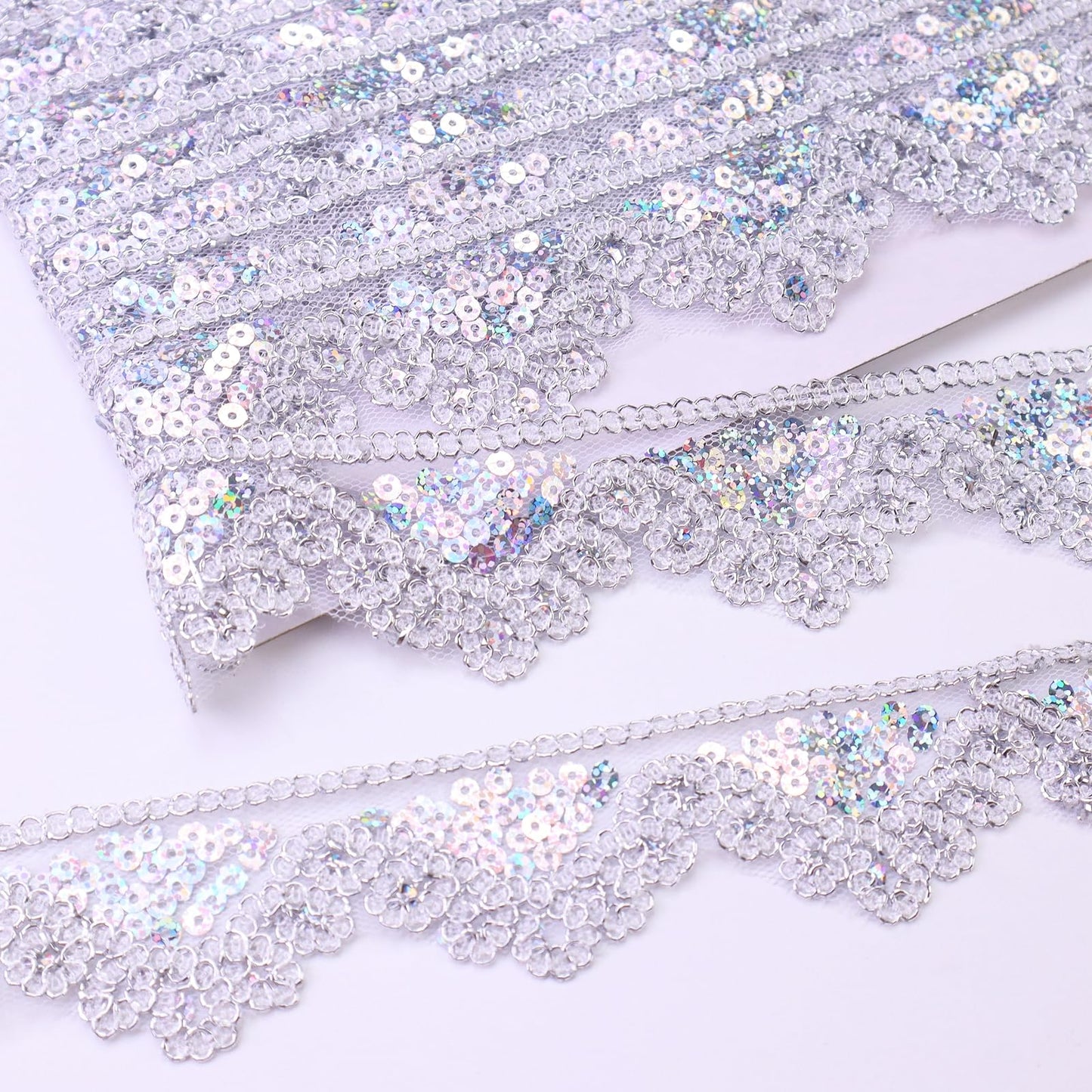 Silvery Lace Trim 5 Yards Beaded Lace Ribbon Applique Sequin Lace Mesh Trim for Sewing Crafts 1.6inch