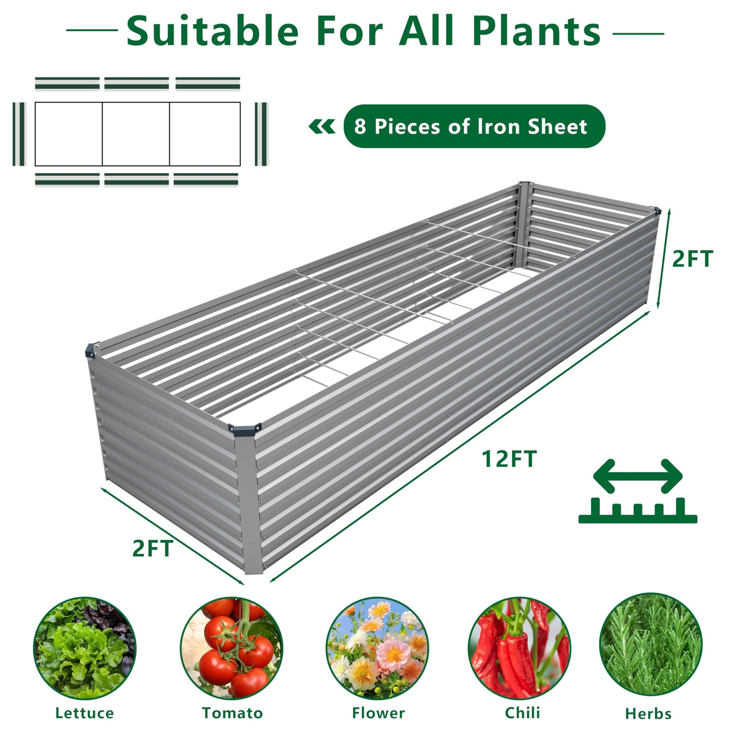 DIIYIV Galvanized Raised Garden Bed Kit Outdoor Patio,12x2x2ft Large Rectangular Metal Planter Boxes,Deep Root Box Planter for Gardening,Vegetables,Flowers,Herbs-Silver