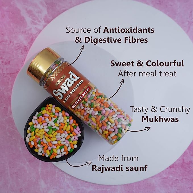 Panjon Swad Sugar Coated Fennel Candy Mukhwas Mouth Freshener 1 Bottle, 140g (COLOURED SAUNF)