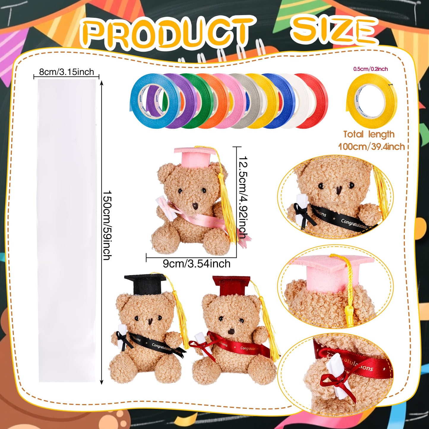 Mikasee 22 Pcs Graduation Candy Lei Making Kit 6 Graduation Lei Bags 6 Mini Graduation Bear Stuffed Graduated Bears 10 Ribbon Wrapping for School Graduation Wreaths (Red Set 1)