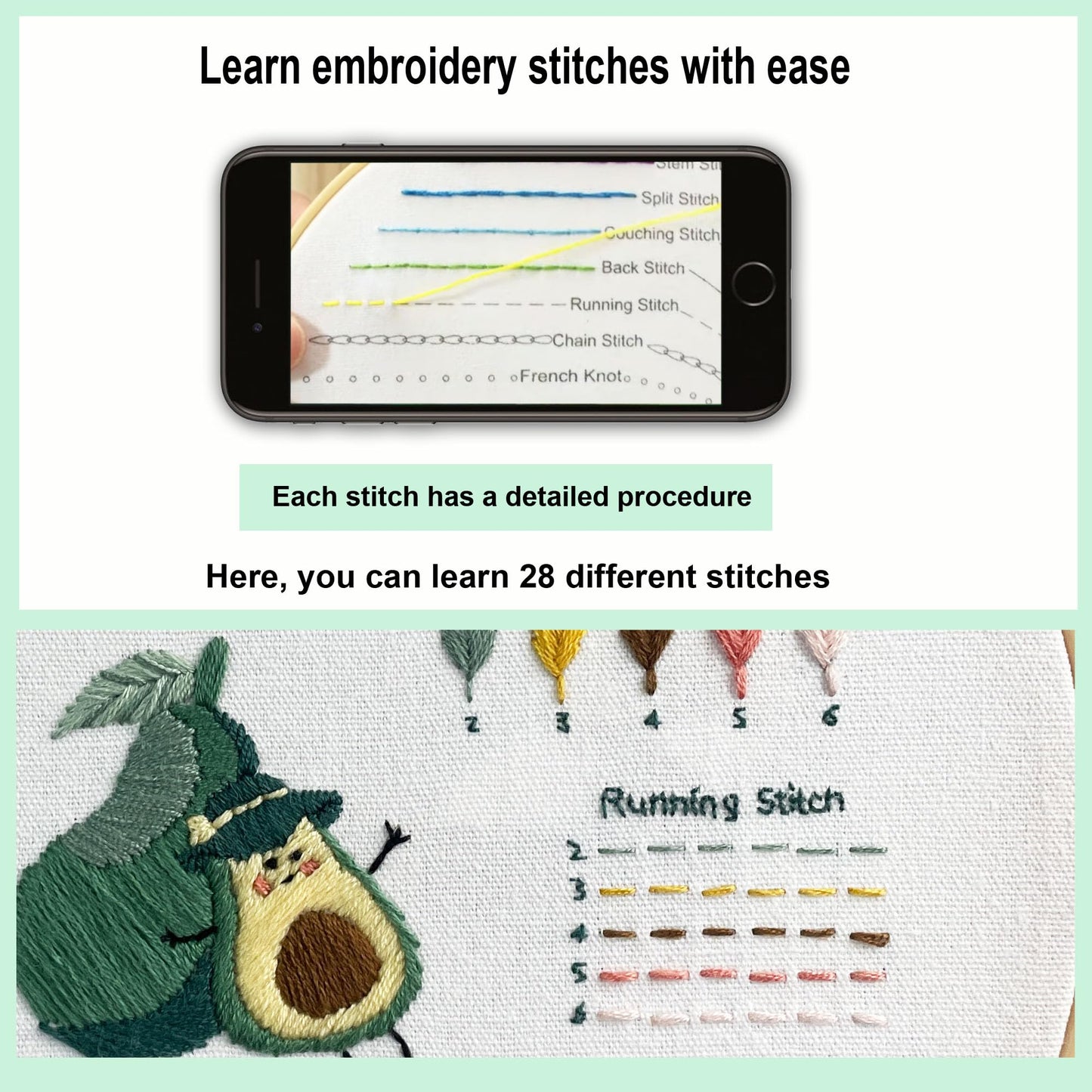 Myfelicity 3 Embroidery kit for Beginners, Beginner Embroidery Kit for Adults. Starter Kits to Learn 28 Different Stitches, Including Fabric with Prints, Threads, Needles, Hoop and Video tutorials…