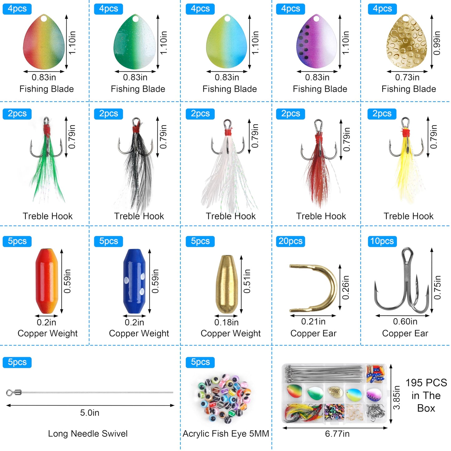 195pcs Spinner Making Kit Fishing Lure Making Kit Spinnerbaits Spinner Blade Clevis Feather Treble Hooks DIY Make Your Own Lure Set for Bass Trout Walleye Lures Fishing Gifts