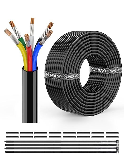 NAOEVO 18 Gauge Wire 6 Conductor Electrical Wire, 18 AWG Stranded PVC Cord, 12V Low Voltage/Tinned Copper/Flexible Cable for Automotive Wiring, Lamp Cord, Marine Cable (30FT)