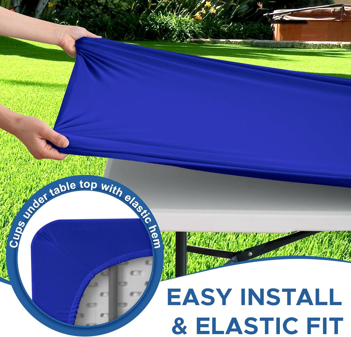 Fitted Tablecloth for 8 Foot Rectangle-2 Pack Royal Blue Elastic Outdoor Picnic Table Cover-Spandex Stretch Folding Table Cloths 8ft for Camping Dining Room Patio Kitchen Banquet Party