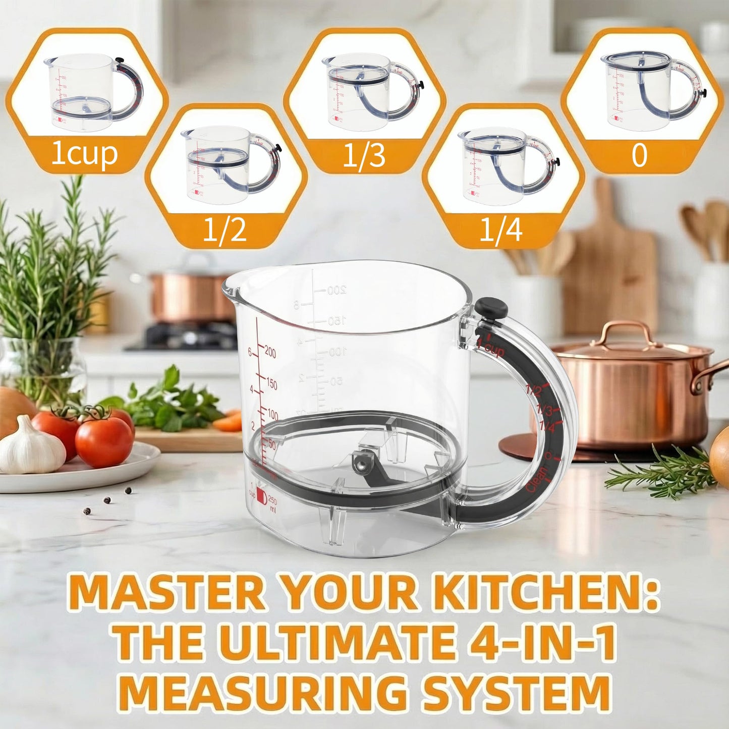 4 in1 Adjustable Measuring Cup with Self-Cleaning Scraper Base - Space-Saving Kitchen Tool for Baking, Cooking & Meal Prep (1/4 to 1 Cup)