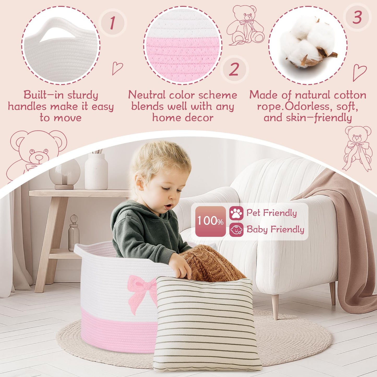 LemonRoad Pink Bow Extra Large Cotton Rope Basket 20"x14", Embroidered Woven Baby Laundry Blanket Basket Box with Handle Storage, Blanket Storage for Living Nursery Pillows Laundry Baby Toy Chest