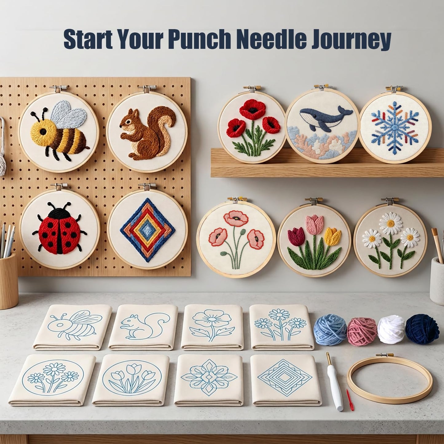 Punch Needle Kits For Adults Beginner,Punch Needle Starter Kit Easy,Embroidery Punch Needling Kits,DIY Punchneedle Kit All Supplies With Wooden Hoop/Patterns/Yarns/Instruction (08-White Daisy)