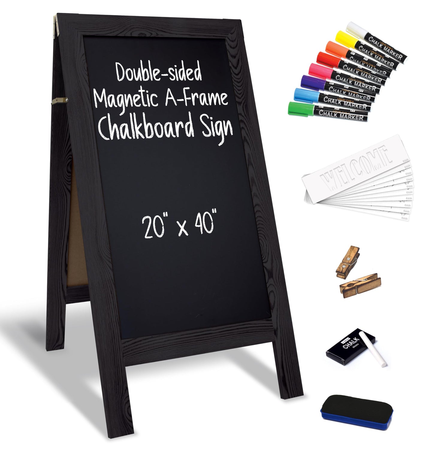 Better Office Products Magnetic A-Frame Chalkboard Sign, Extra Large 20" x 40", Standing Chalkboard Easel, Deluxe Set with Multiple Accessories, Outdoor Sidewalk Sandwich Board Sign,(Black)