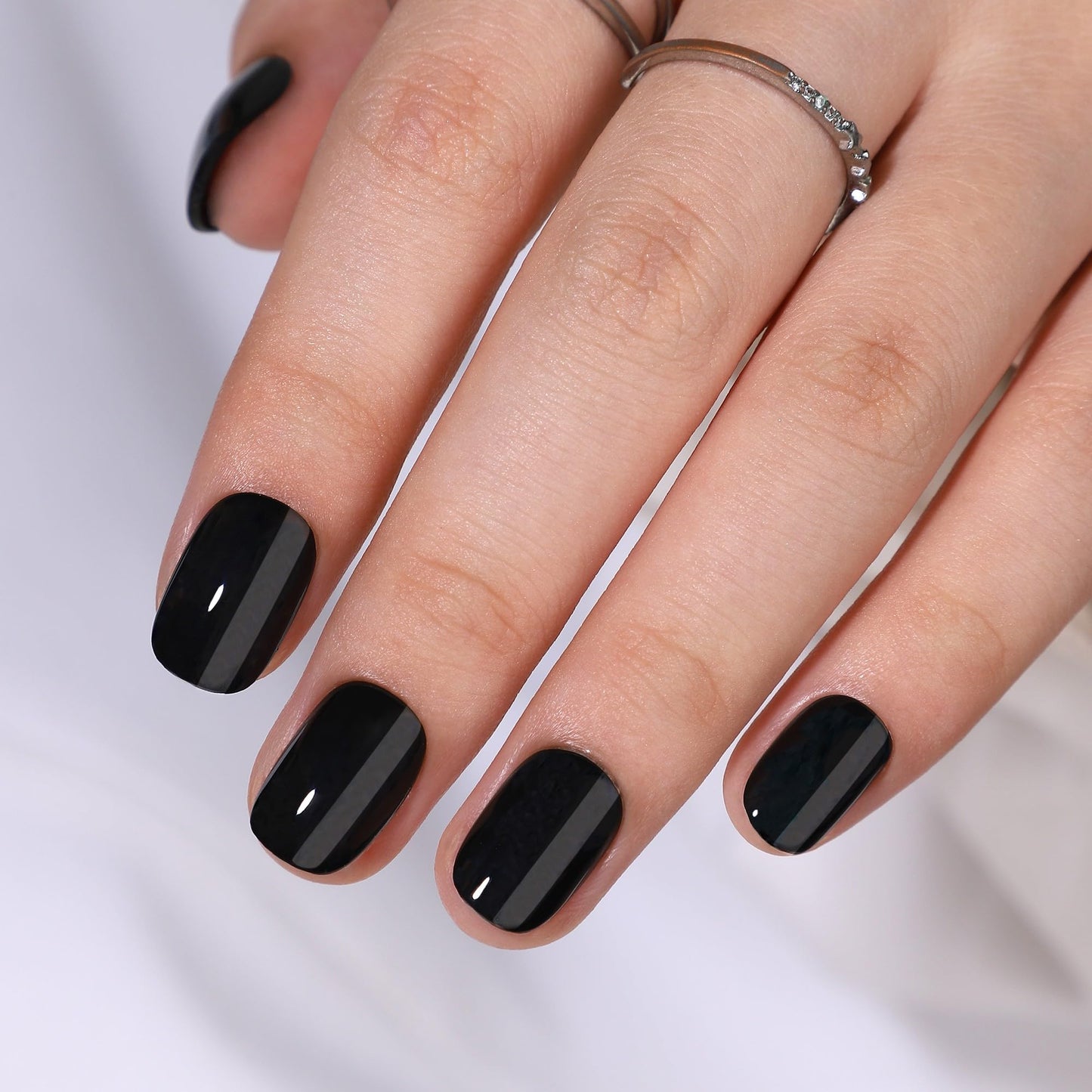 Black Press on Nails Short - RTKHFZE Soft Gel Press on Nails Short Square Fake Nails with Nail Glue,Fit Perfectly,Reusable Stick on Nail in 16 Sizes - 32Pcs False Nails Kit