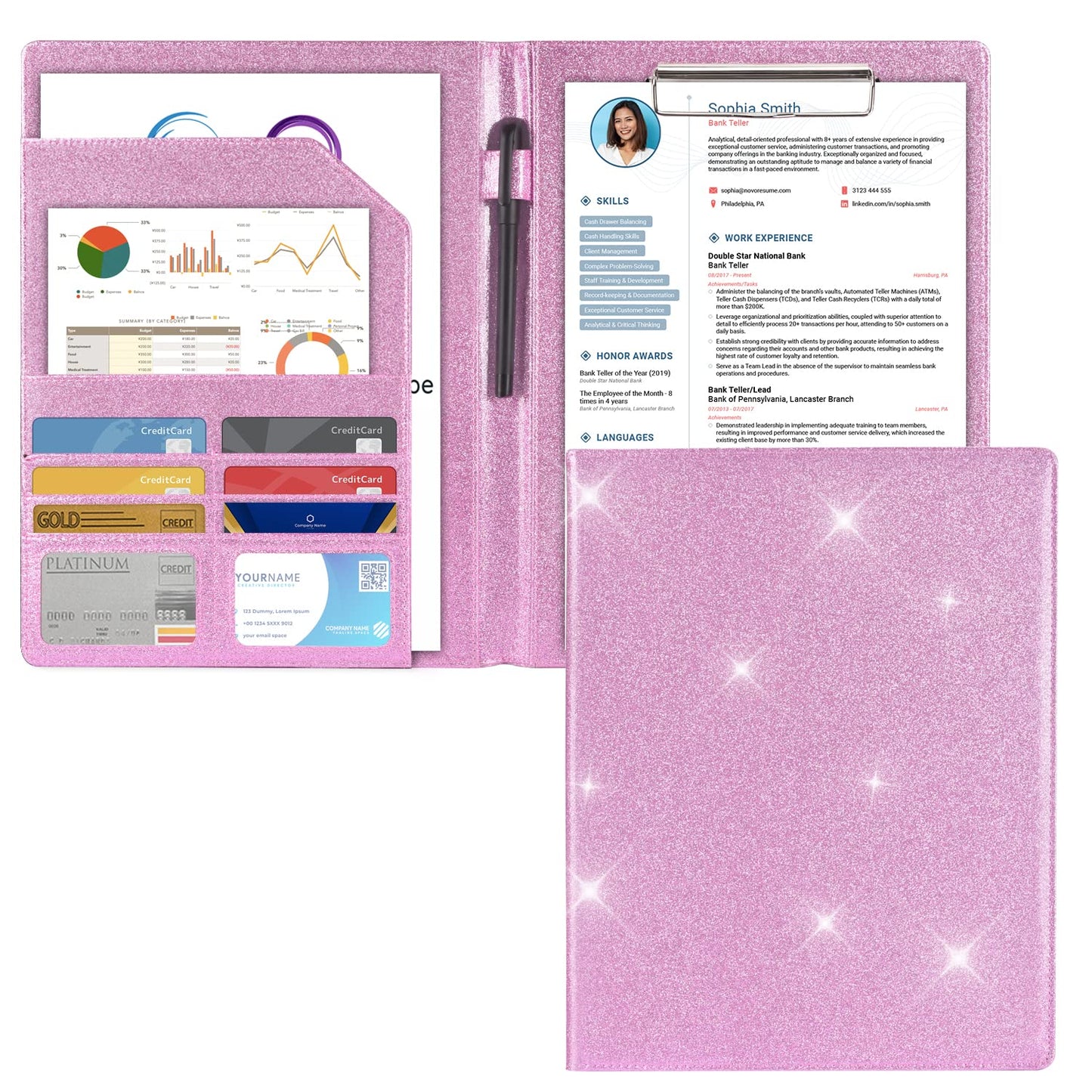 Cacturism Padfolio Portfolio Folder, Foldable Letter Size Clipboard Legal Pad, Bling PU Leather Professional Folio Organizer for Women - Resume Business Document Holder for Job Work Office, Pink